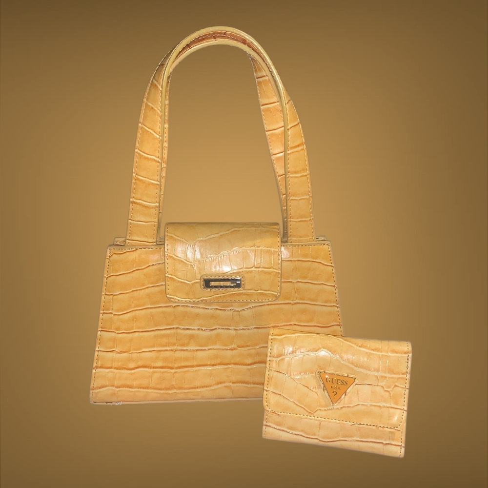 G by Guess Yellow Crocodile Texture Handbag & Matching Wallet